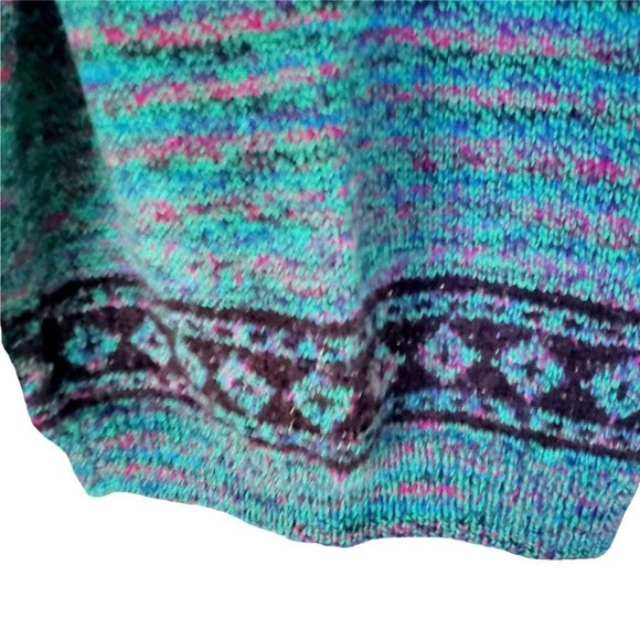 Vintage 90's Fair isle Chunky knit Green-Black Retro Fisherman Mock Neck Sweater - Picture 5 of 7